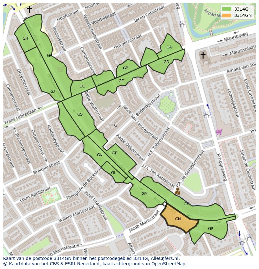 Afbeelding van het postcodegebied 3314 GN op de kaart.