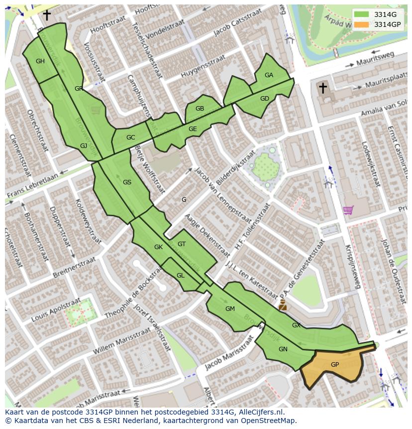 Afbeelding van het postcodegebied 3314 GP op de kaart.