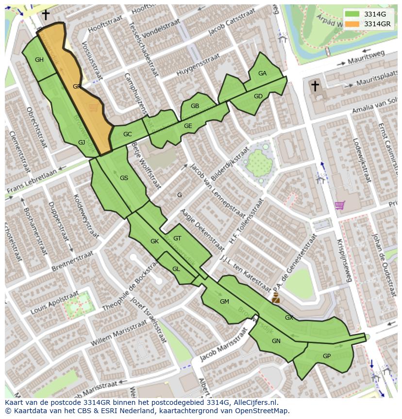 Afbeelding van het postcodegebied 3314 GR op de kaart.