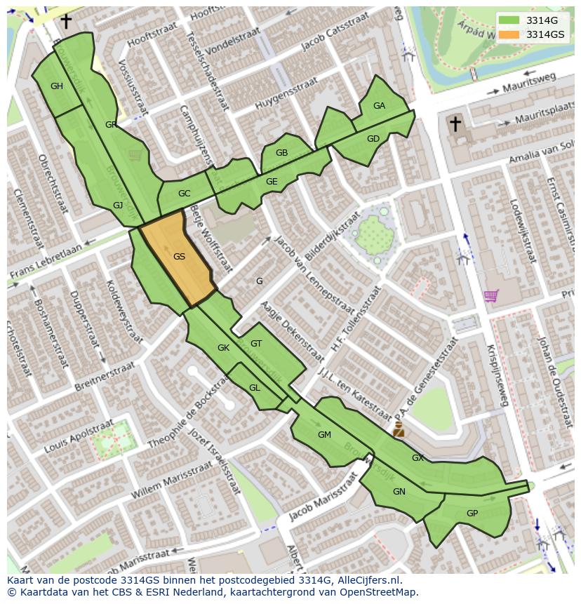 Afbeelding van het postcodegebied 3314 GS op de kaart.