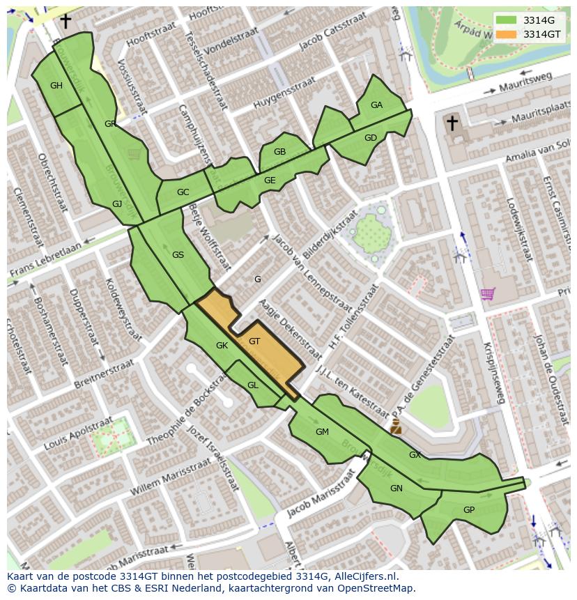 Afbeelding van het postcodegebied 3314 GT op de kaart.