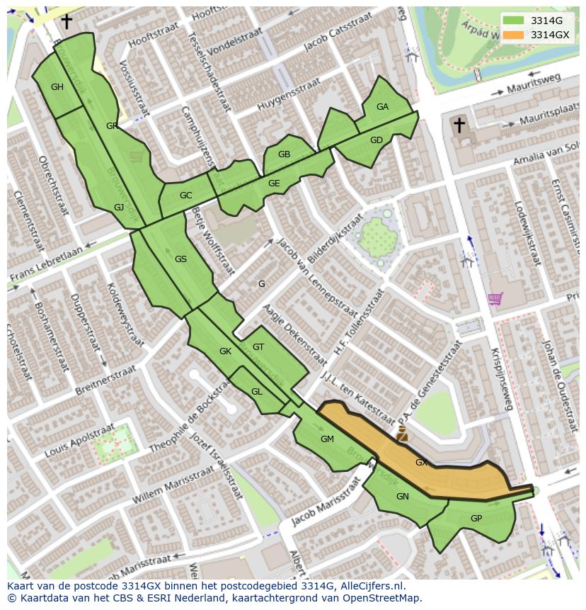 Afbeelding van het postcodegebied 3314 GX op de kaart.