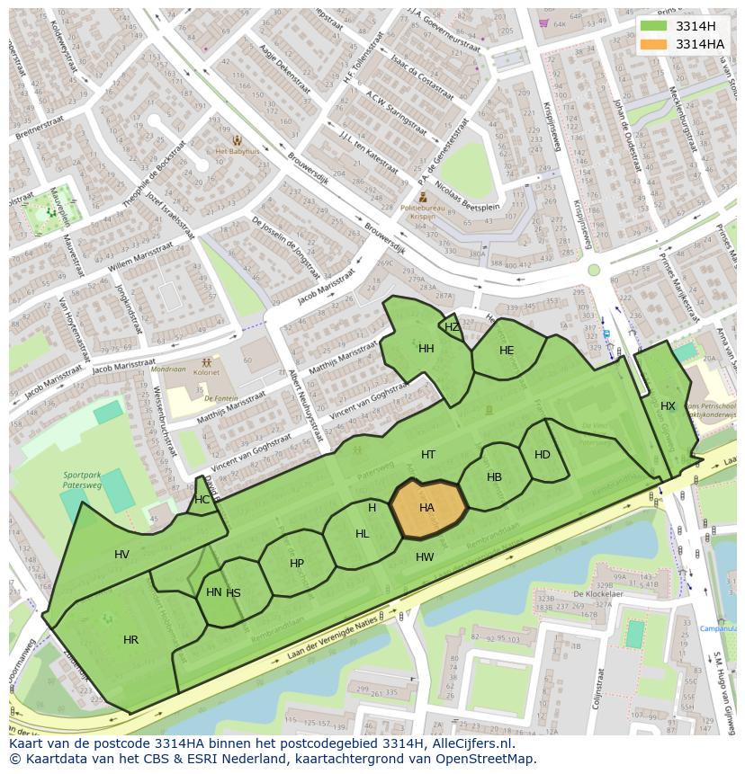 Afbeelding van het postcodegebied 3314 HA op de kaart.