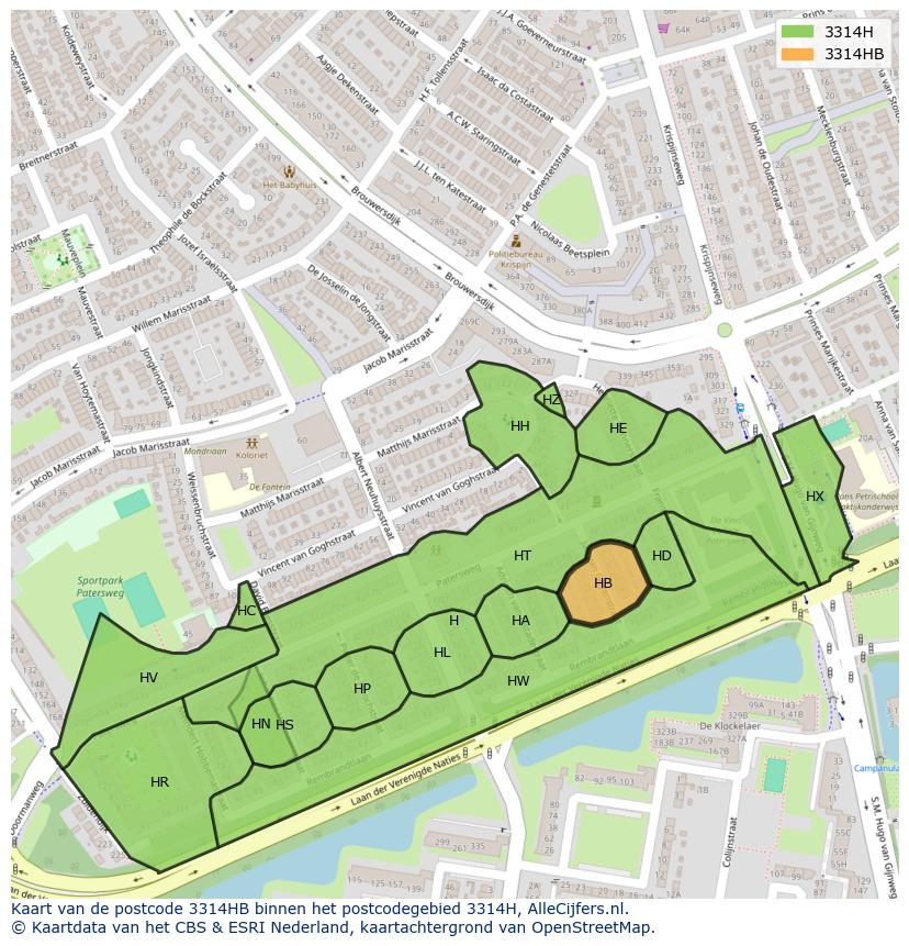 Afbeelding van het postcodegebied 3314 HB op de kaart.
