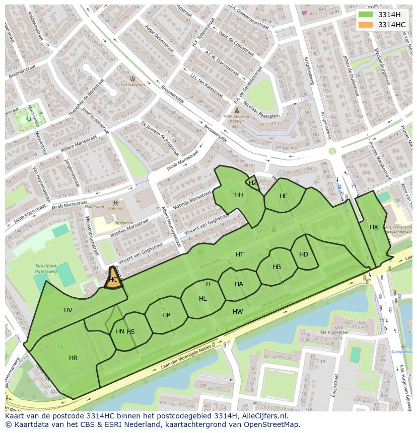 Afbeelding van het postcodegebied 3314 HC op de kaart.