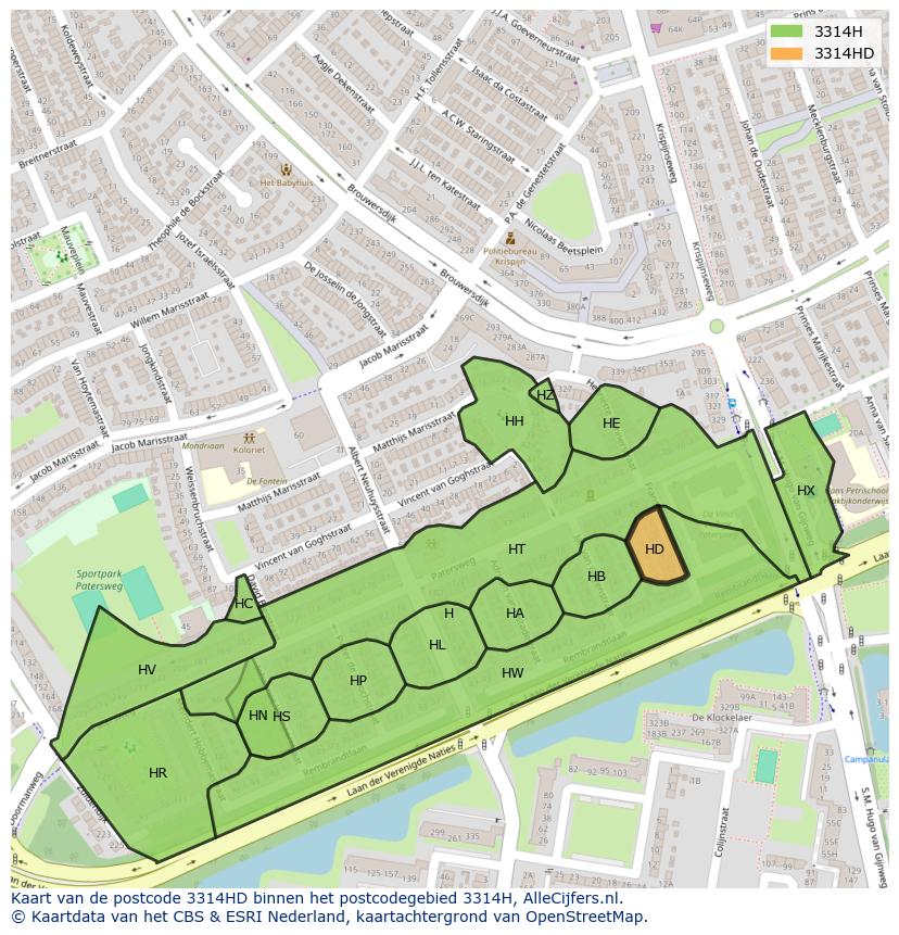 Afbeelding van het postcodegebied 3314 HD op de kaart.