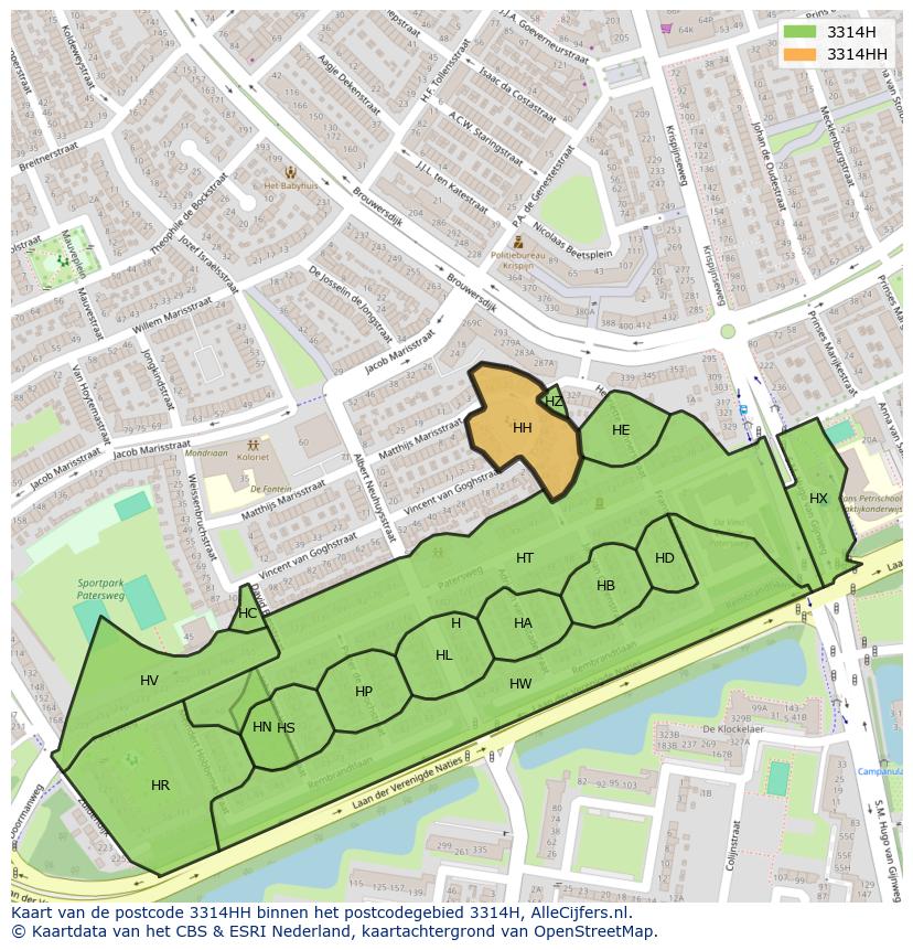 Afbeelding van het postcodegebied 3314 HH op de kaart.