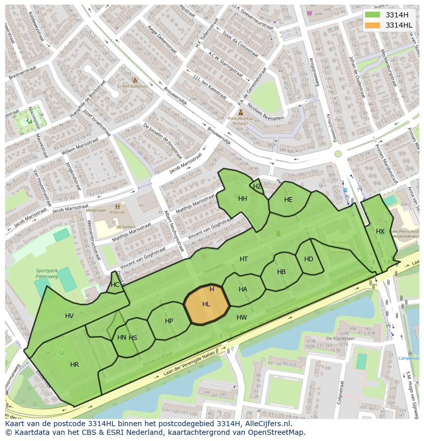 Afbeelding van het postcodegebied 3314 HL op de kaart.