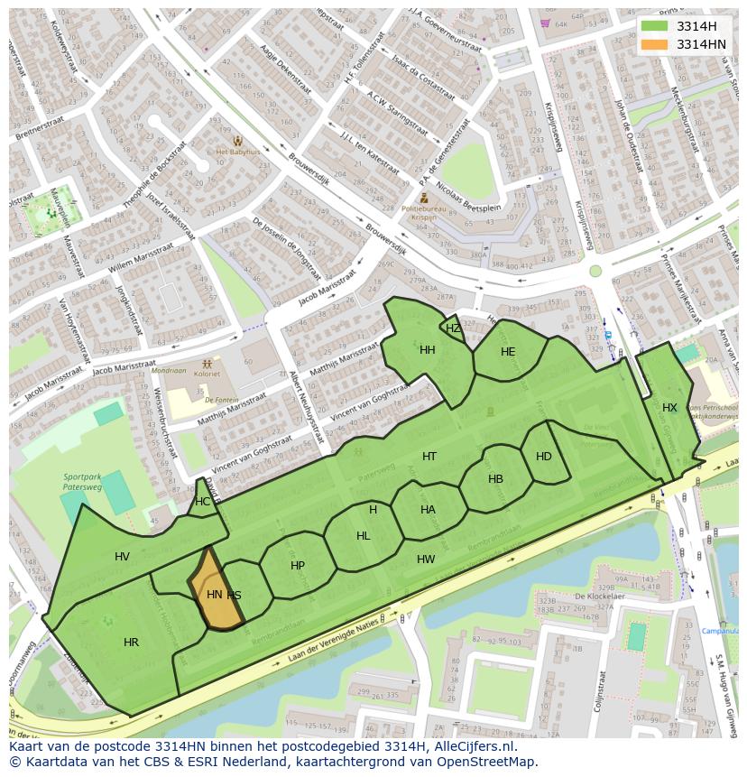 Afbeelding van het postcodegebied 3314 HN op de kaart.