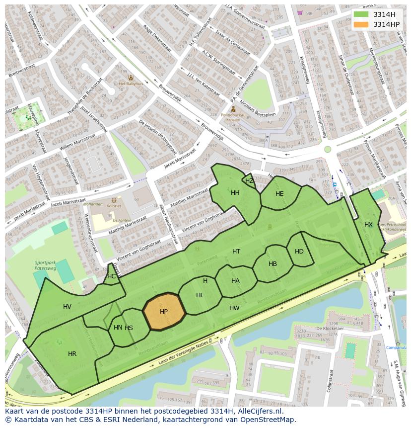 Afbeelding van het postcodegebied 3314 HP op de kaart.