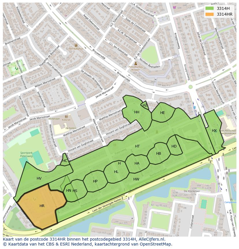 Afbeelding van het postcodegebied 3314 HR op de kaart.