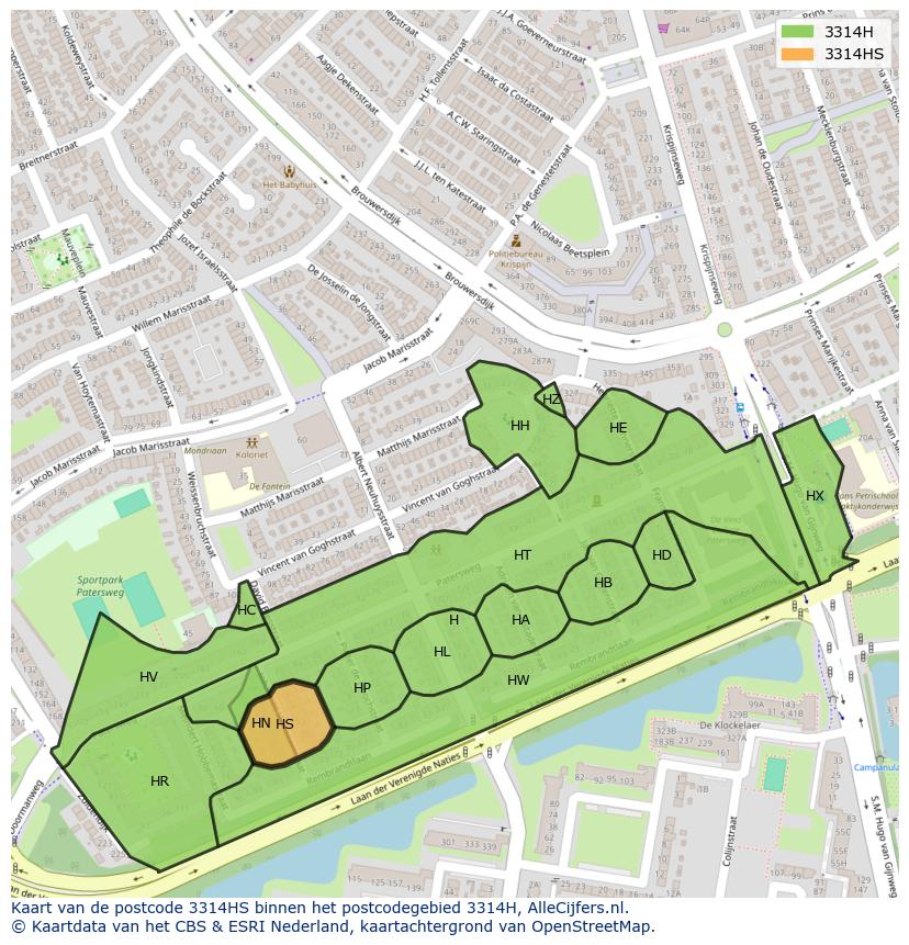Afbeelding van het postcodegebied 3314 HS op de kaart.