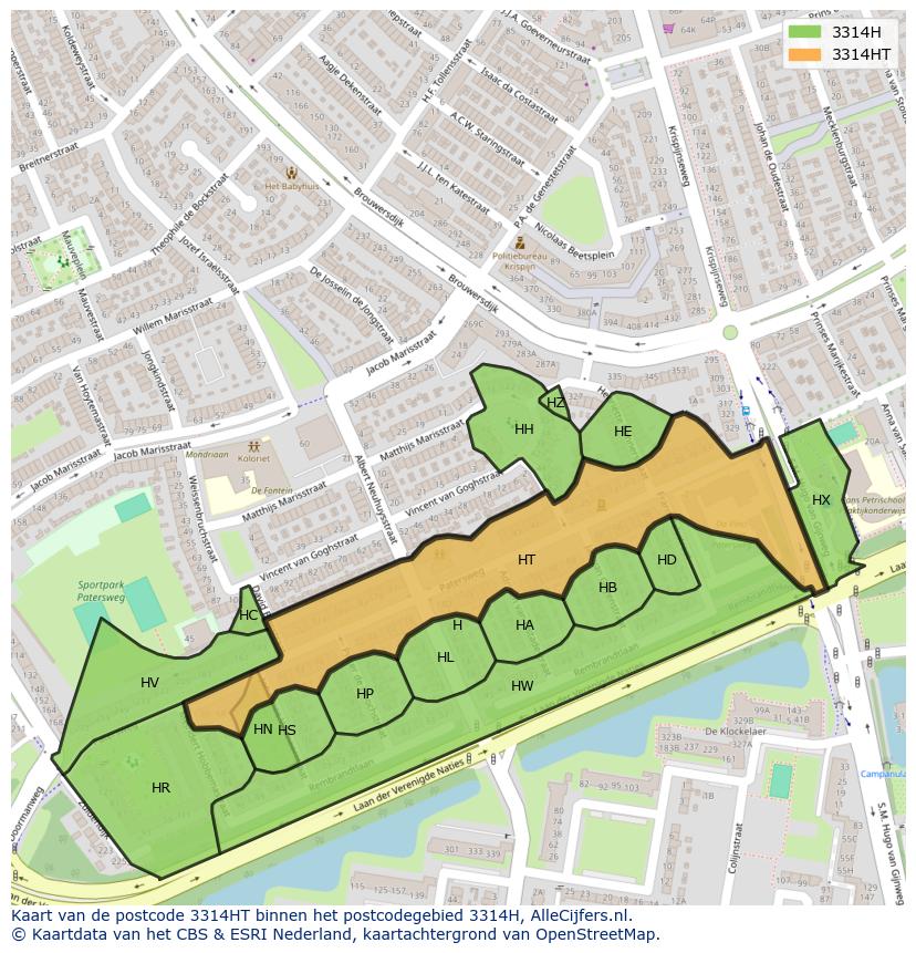 Afbeelding van het postcodegebied 3314 HT op de kaart.