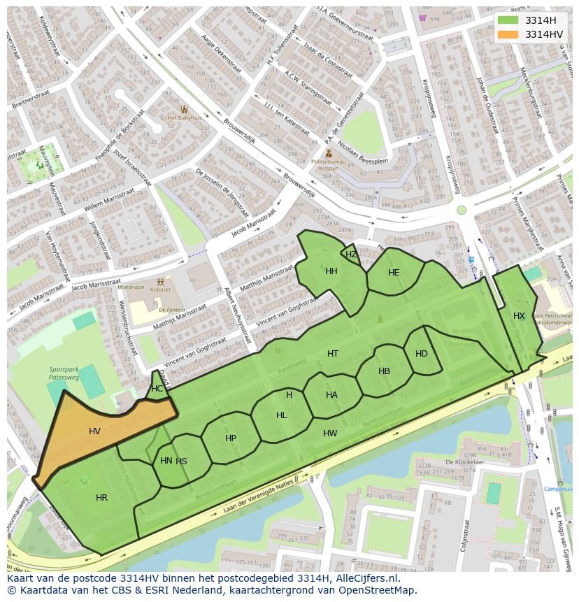 Afbeelding van het postcodegebied 3314 HV op de kaart.