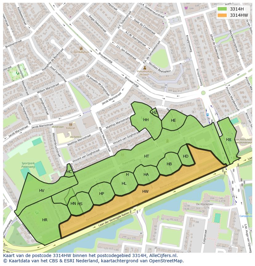 Afbeelding van het postcodegebied 3314 HW op de kaart.