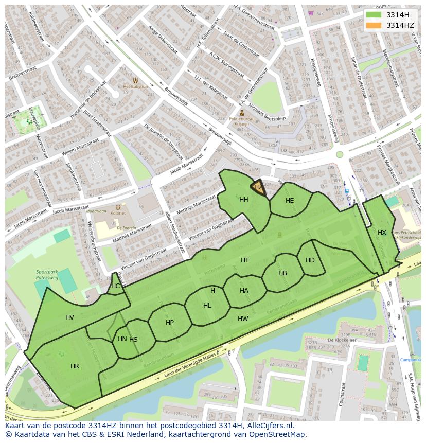 Afbeelding van het postcodegebied 3314 HZ op de kaart.