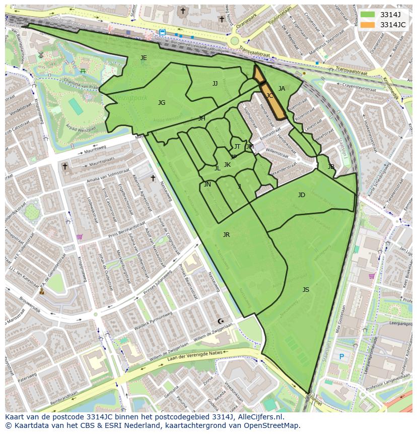 Afbeelding van het postcodegebied 3314 JC op de kaart.