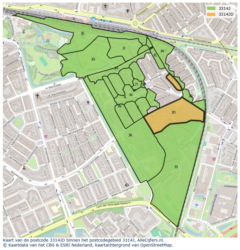Afbeelding van het postcodegebied 3314 JD op de kaart.
