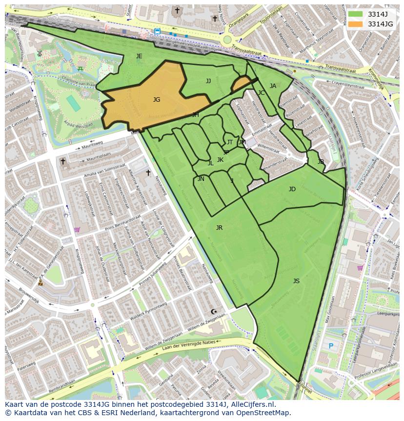 Afbeelding van het postcodegebied 3314 JG op de kaart.
