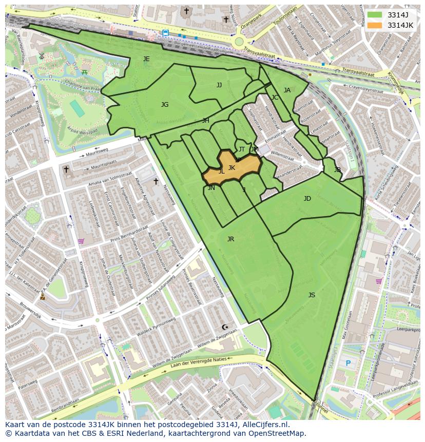 Afbeelding van het postcodegebied 3314 JK op de kaart.