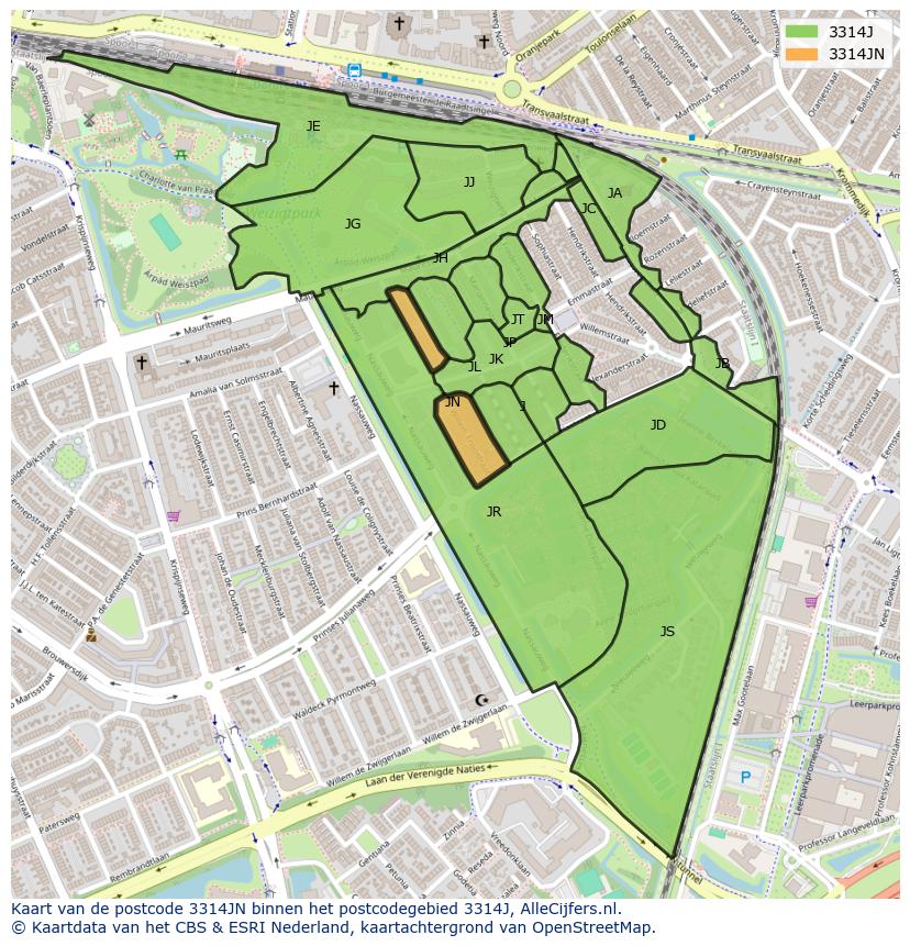 Afbeelding van het postcodegebied 3314 JN op de kaart.