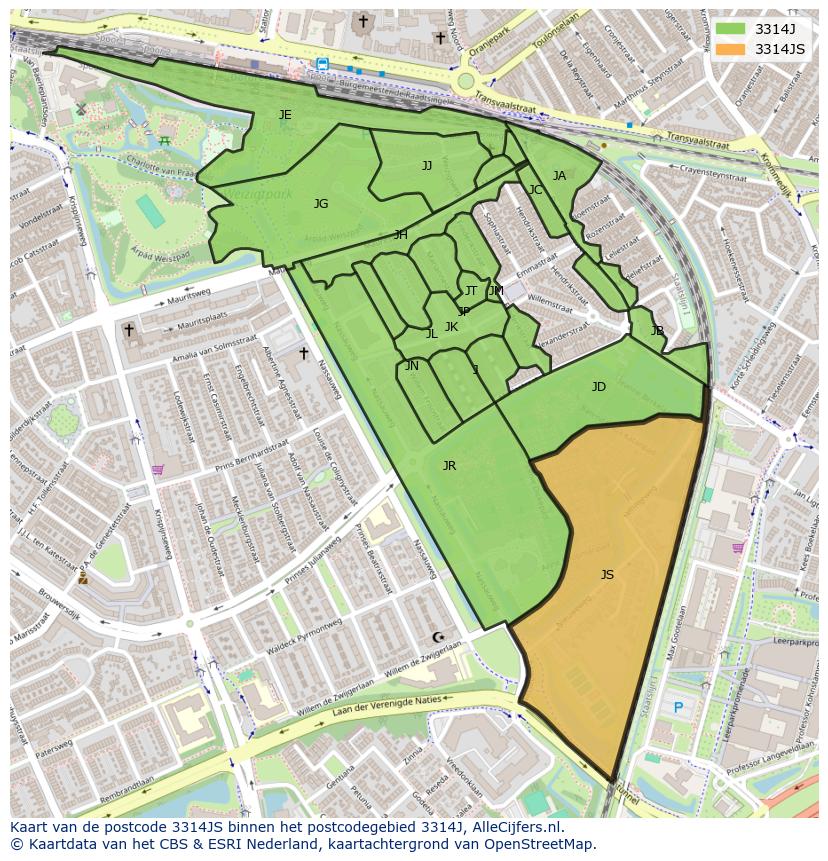 Afbeelding van het postcodegebied 3314 JS op de kaart.