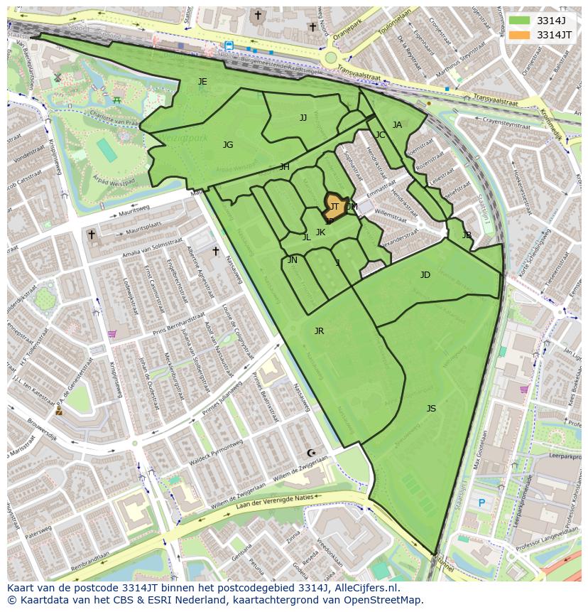 Afbeelding van het postcodegebied 3314 JT op de kaart.