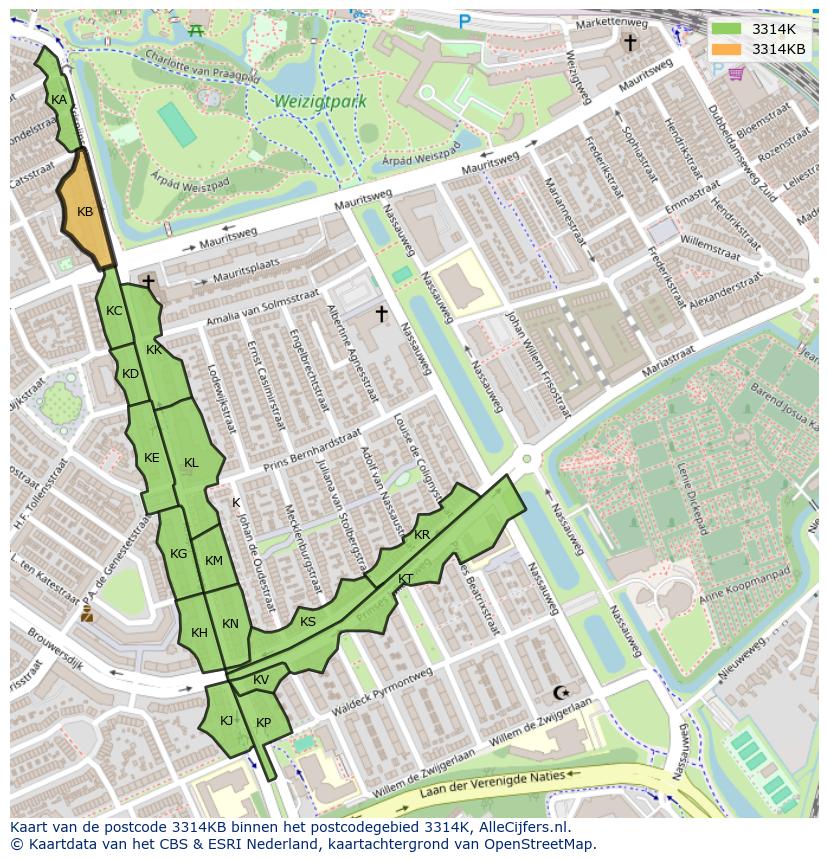 Afbeelding van het postcodegebied 3314 KB op de kaart.