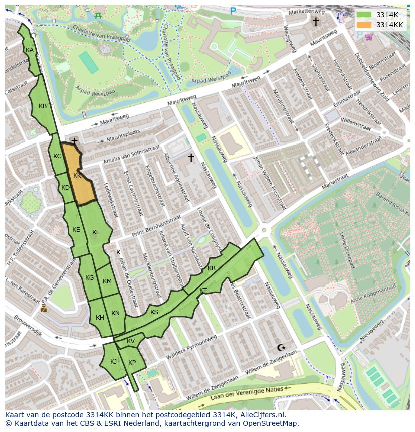 Afbeelding van het postcodegebied 3314 KK op de kaart.