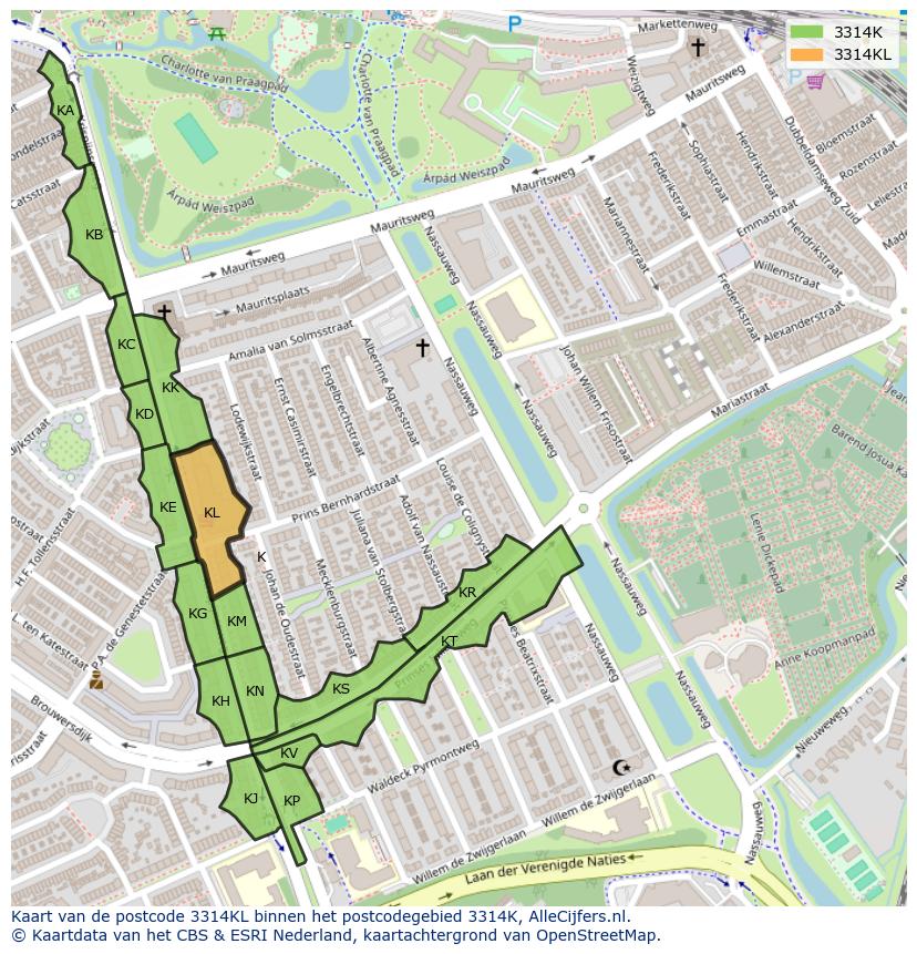 Afbeelding van het postcodegebied 3314 KL op de kaart.