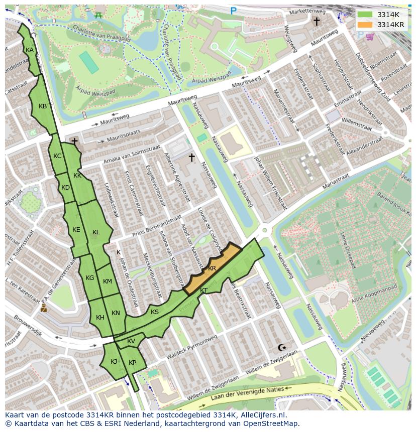 Afbeelding van het postcodegebied 3314 KR op de kaart.