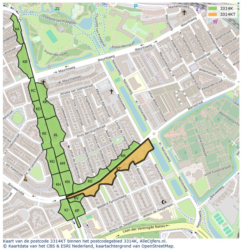Afbeelding van het postcodegebied 3314 KT op de kaart.