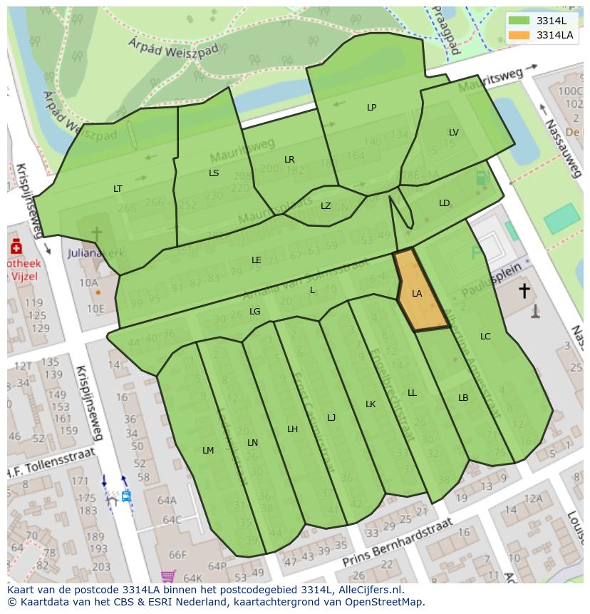 Afbeelding van het postcodegebied 3314 LA op de kaart.