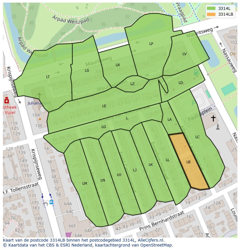 Afbeelding van het postcodegebied 3314 LB op de kaart.