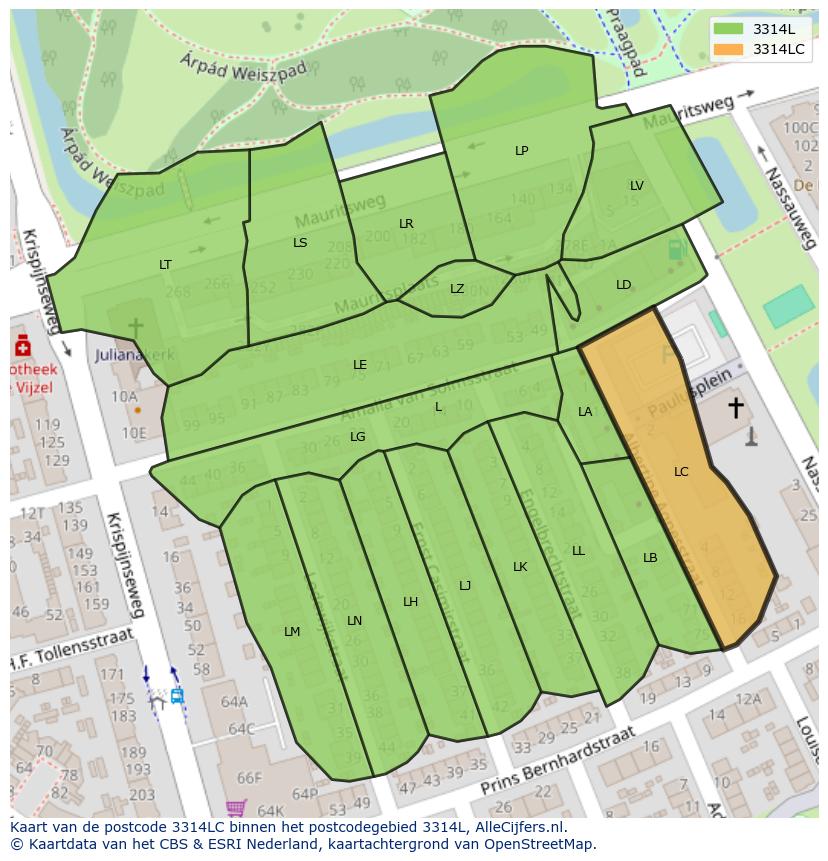 Afbeelding van het postcodegebied 3314 LC op de kaart.