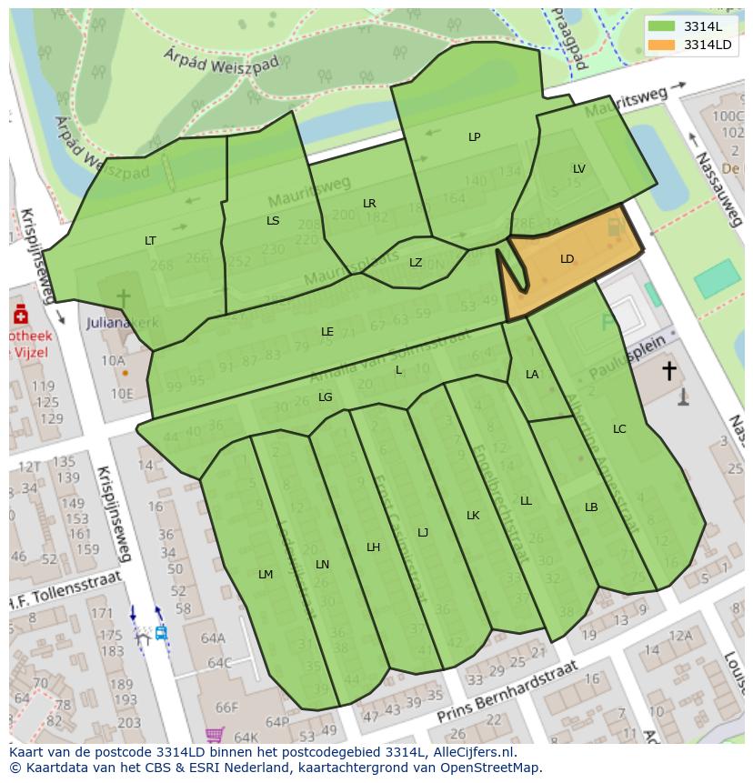 Afbeelding van het postcodegebied 3314 LD op de kaart.