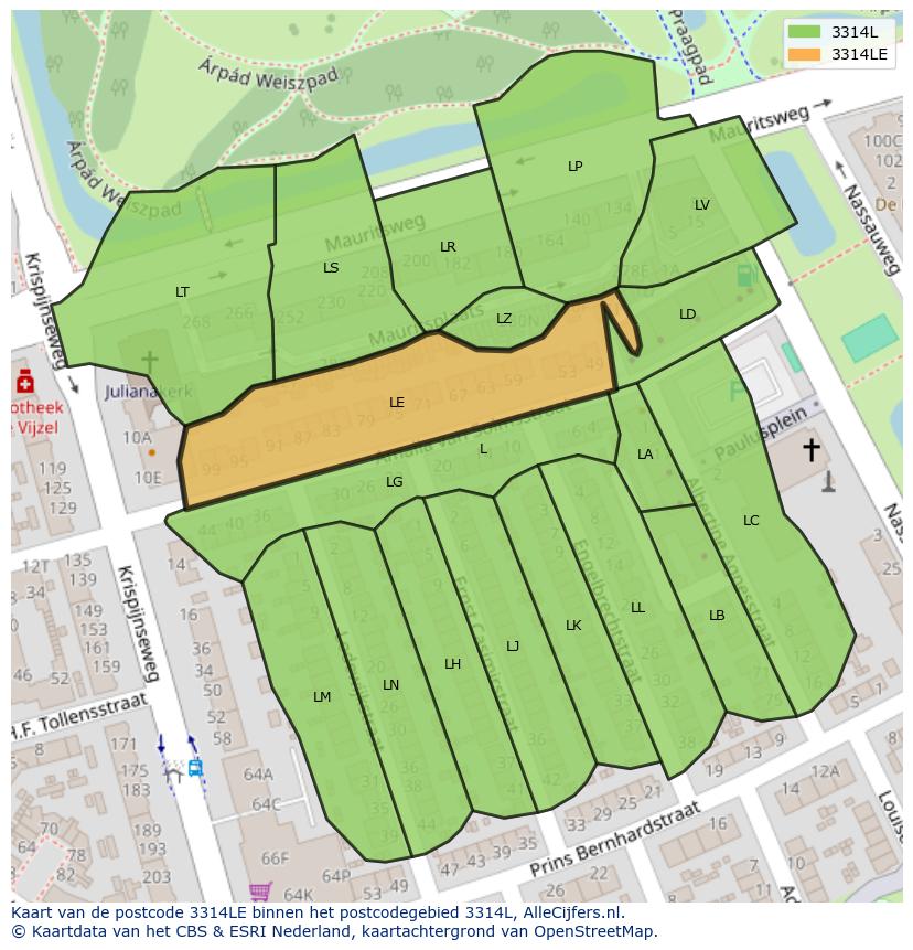 Afbeelding van het postcodegebied 3314 LE op de kaart.