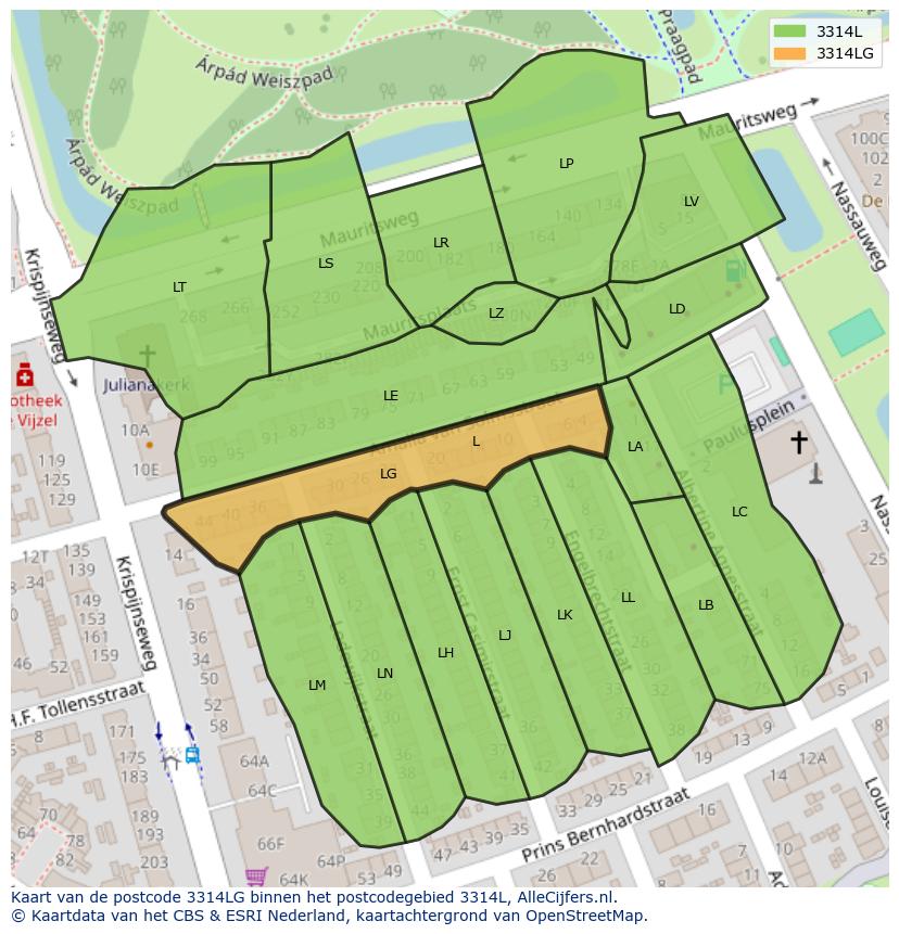 Afbeelding van het postcodegebied 3314 LG op de kaart.
