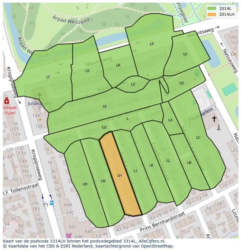 Afbeelding van het postcodegebied 3314 LH op de kaart.