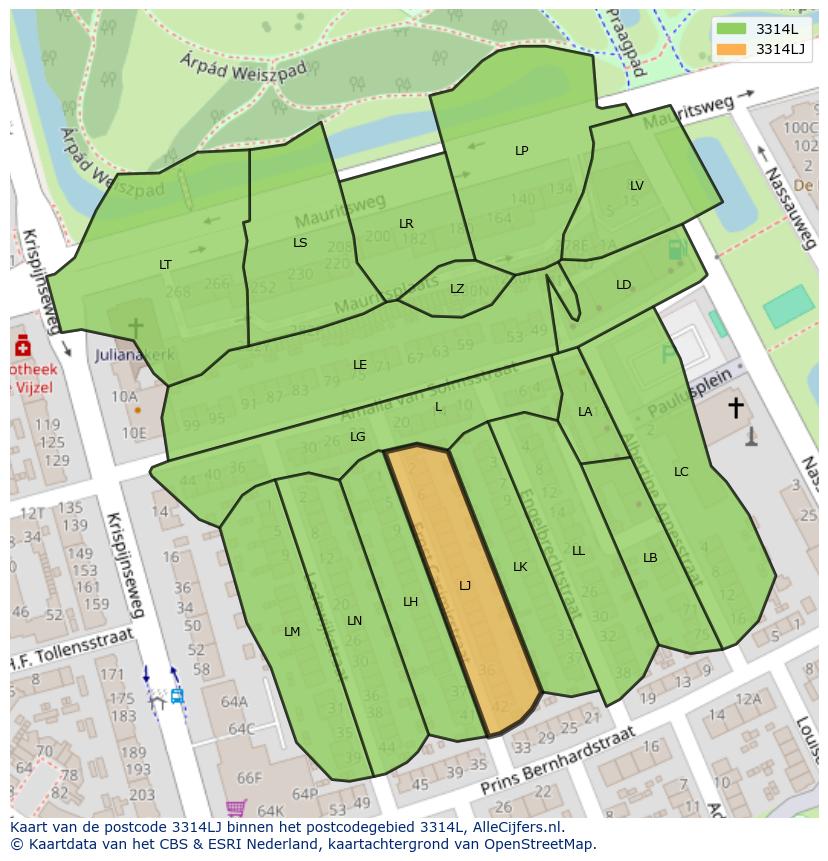 Afbeelding van het postcodegebied 3314 LJ op de kaart.