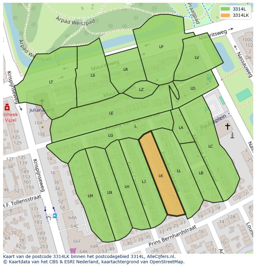Afbeelding van het postcodegebied 3314 LK op de kaart.