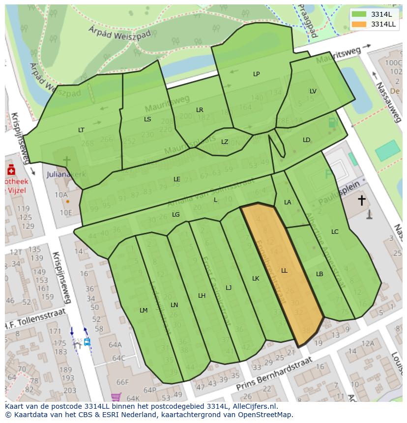 Afbeelding van het postcodegebied 3314 LL op de kaart.