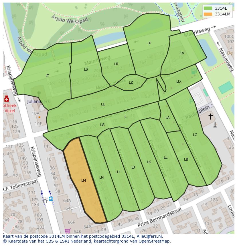 Afbeelding van het postcodegebied 3314 LM op de kaart.