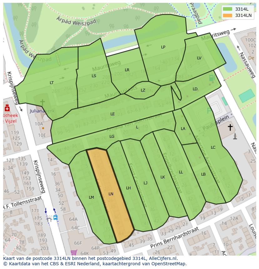 Afbeelding van het postcodegebied 3314 LN op de kaart.