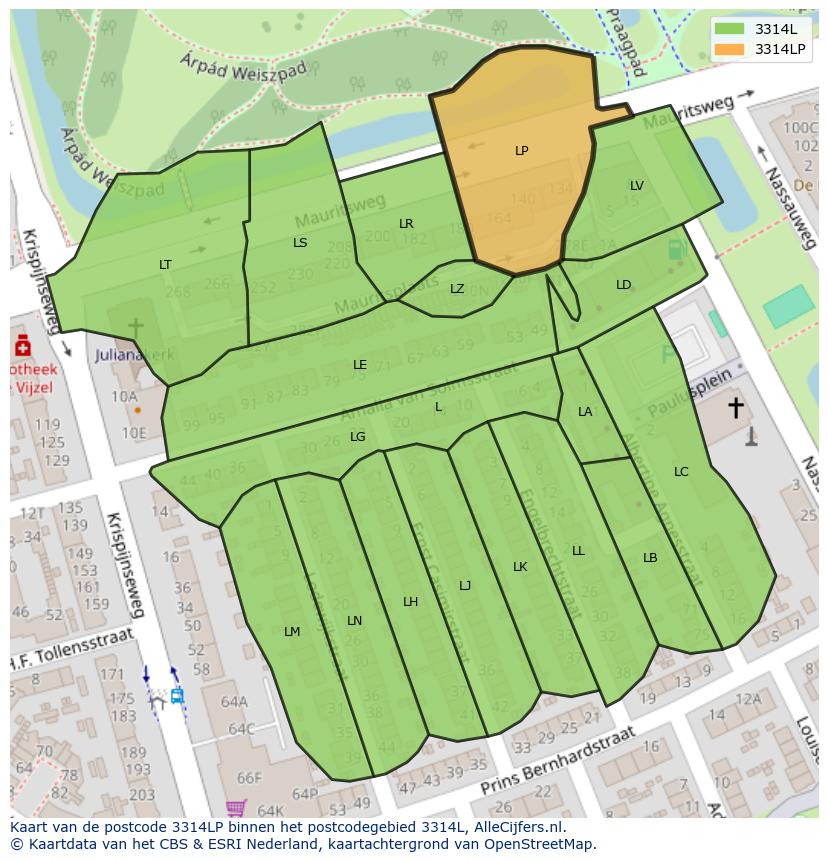Afbeelding van het postcodegebied 3314 LP op de kaart.