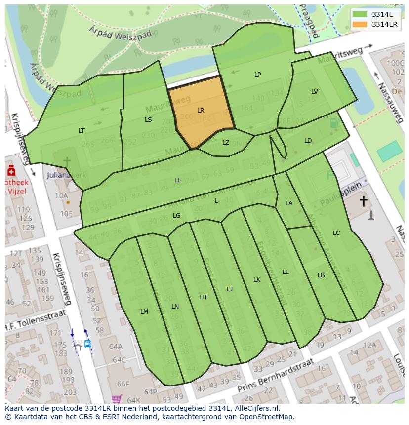 Afbeelding van het postcodegebied 3314 LR op de kaart.