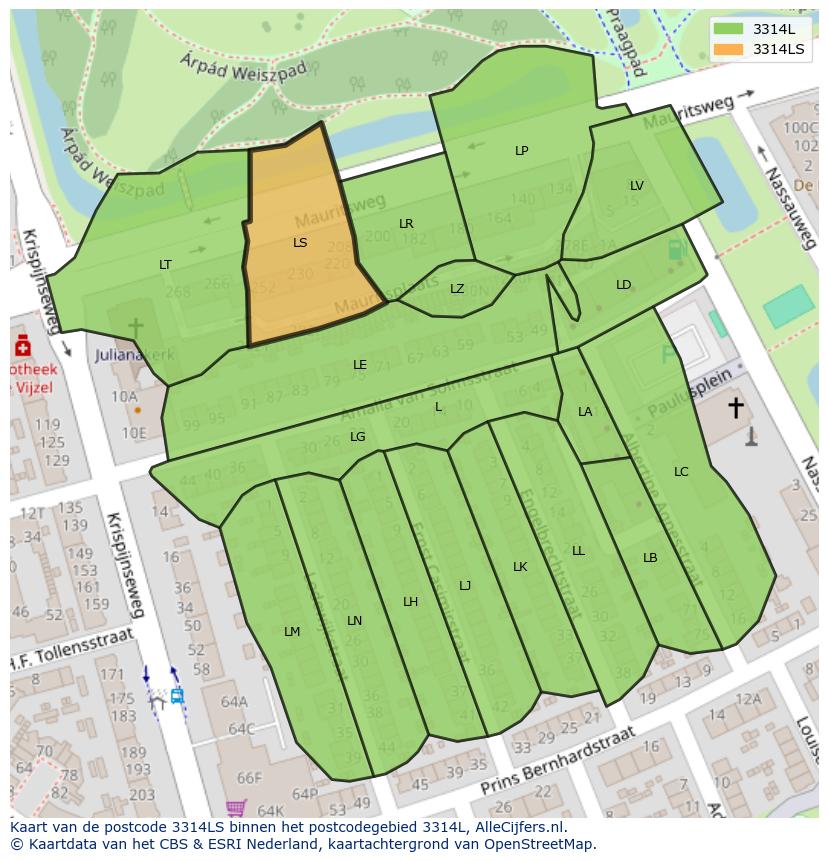Afbeelding van het postcodegebied 3314 LS op de kaart.
