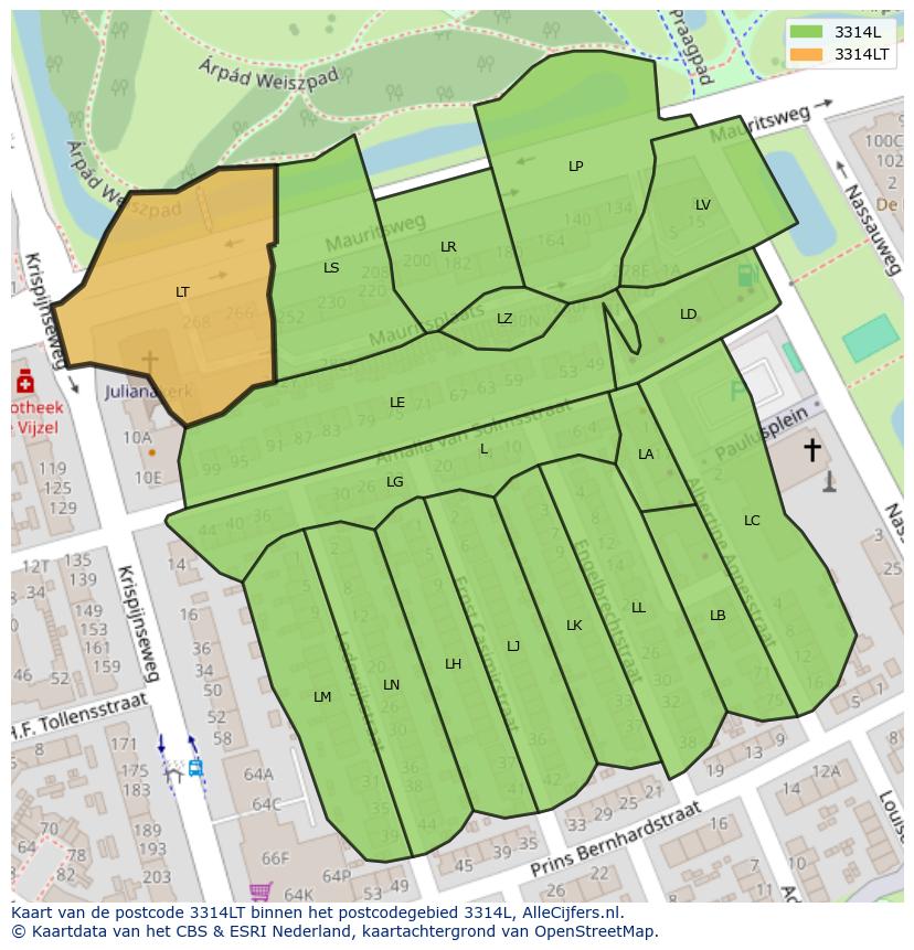Afbeelding van het postcodegebied 3314 LT op de kaart.