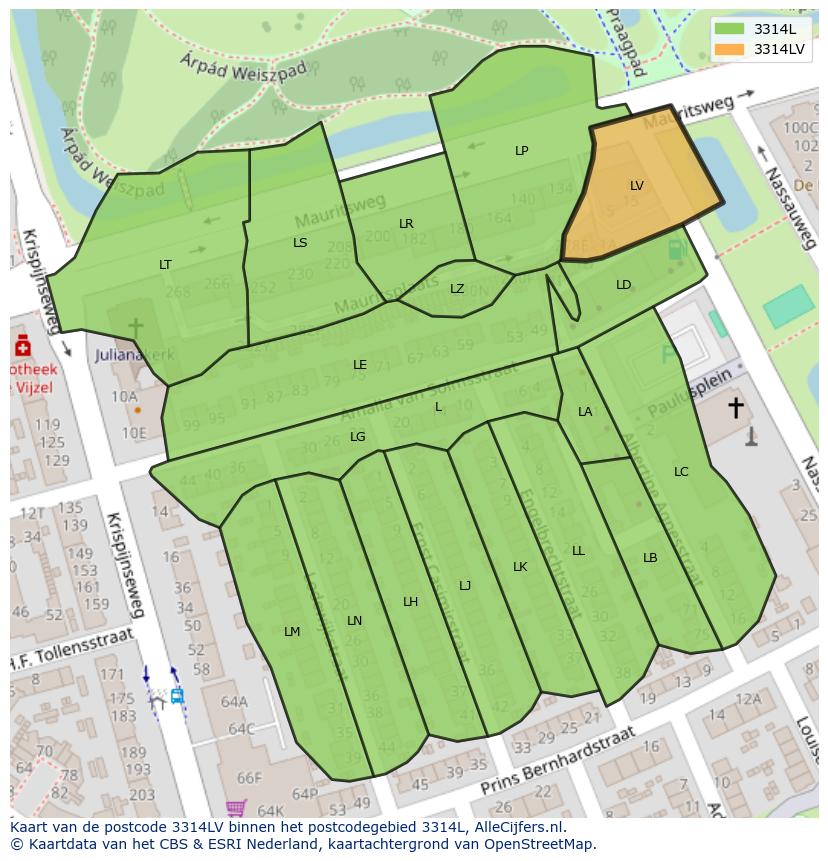 Afbeelding van het postcodegebied 3314 LV op de kaart.