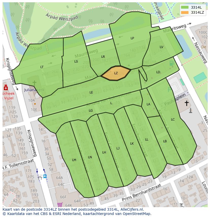 Afbeelding van het postcodegebied 3314 LZ op de kaart.
